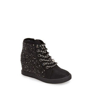 Stuart Weitzman Vance 15 Hidden Wedge Sneaker Kids Girl 4 Black Silver Chain
